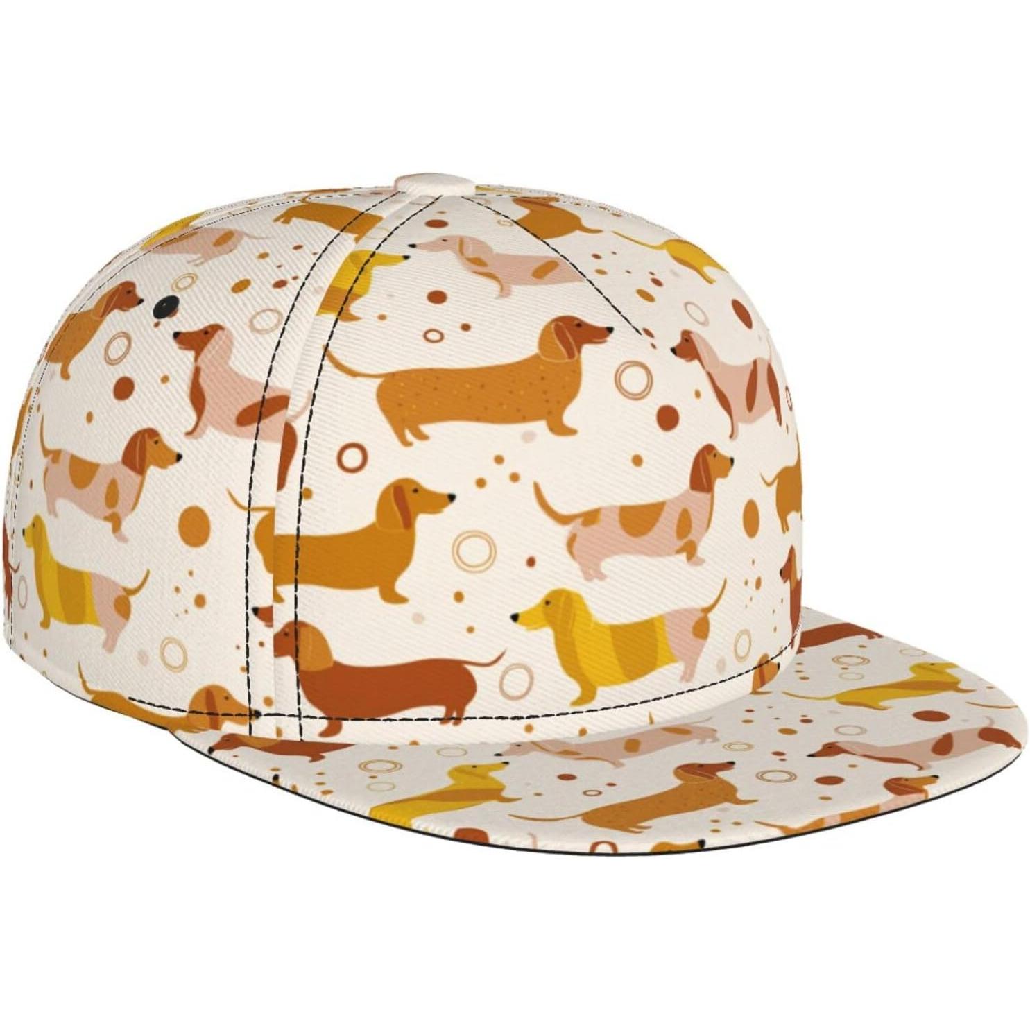 

Flat Bill Trucker Hats for Women Men Fashion Comfy Adjustable Cartoon Cute Sausage Dog Print Flat Baseball Cap Snapback Cap One Size