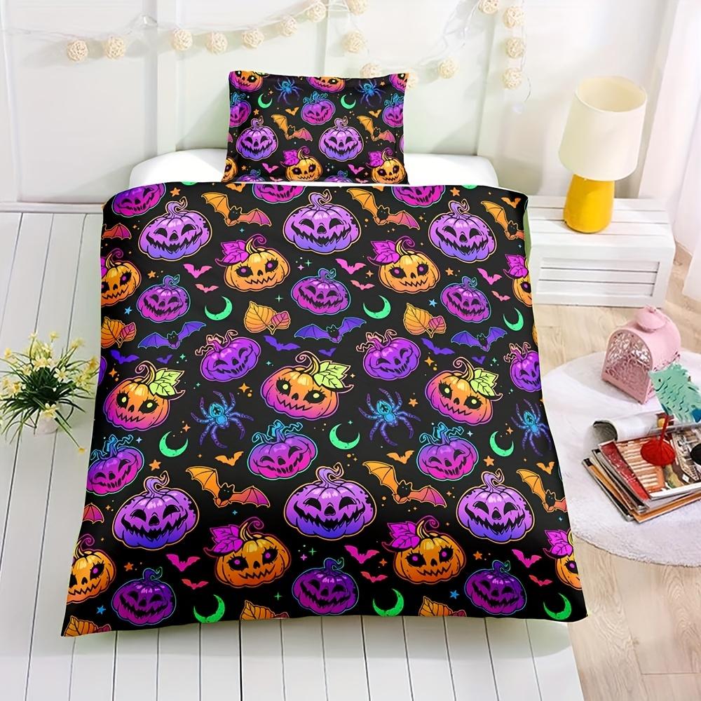Bettbezug-Set mit Halloween-Motiv, Bettwäscheset mit Cartoon-Kürbis- und Fledermaus-Aufdruck, weich, bequem, atmungsaktiv, Bettbezug für Schlafzimmer