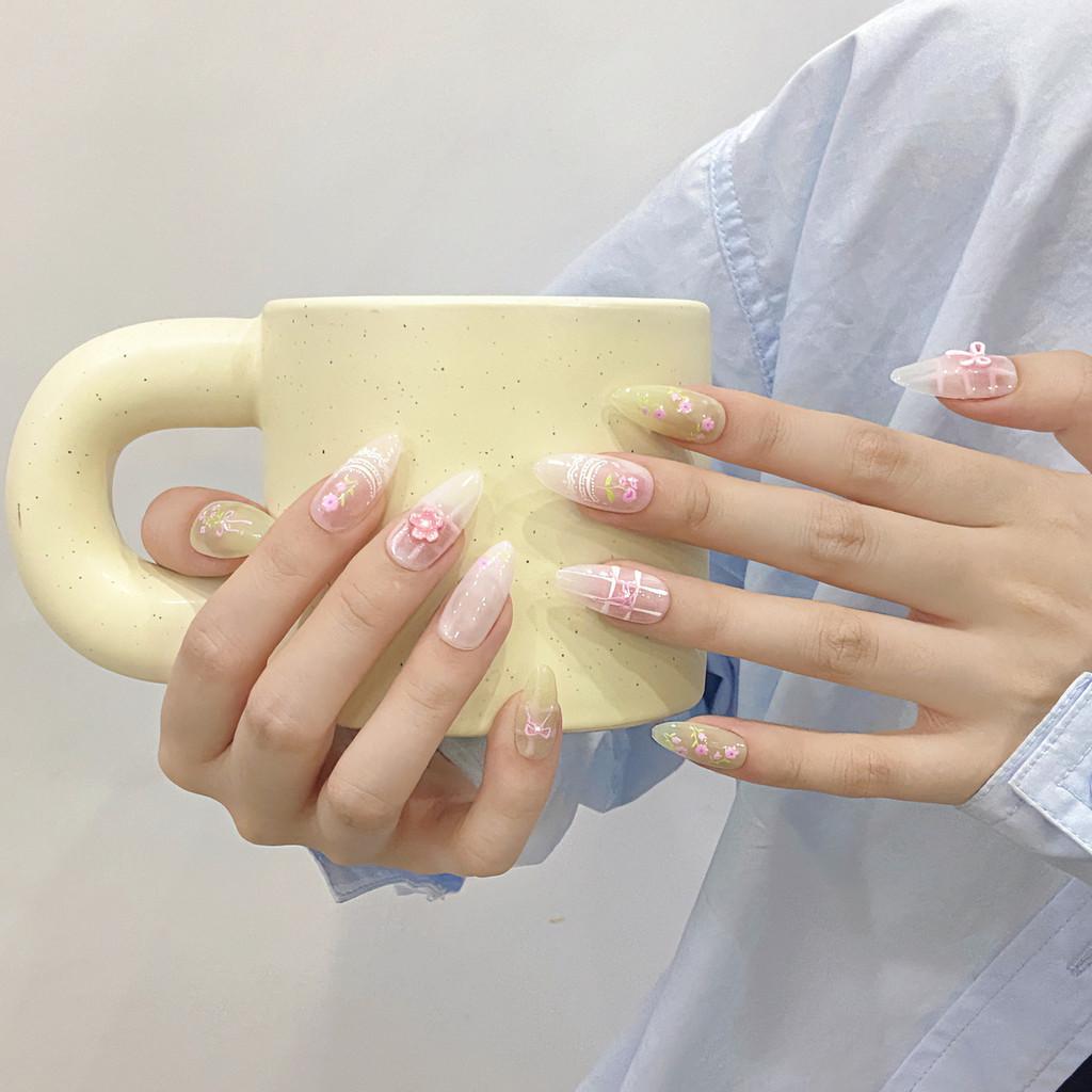 100% HANDMADE Press On Artificial Nail Almond Shape Full of Spring Sweetheart Cute Girl Phototherapy Nails Fake Nails Reusable