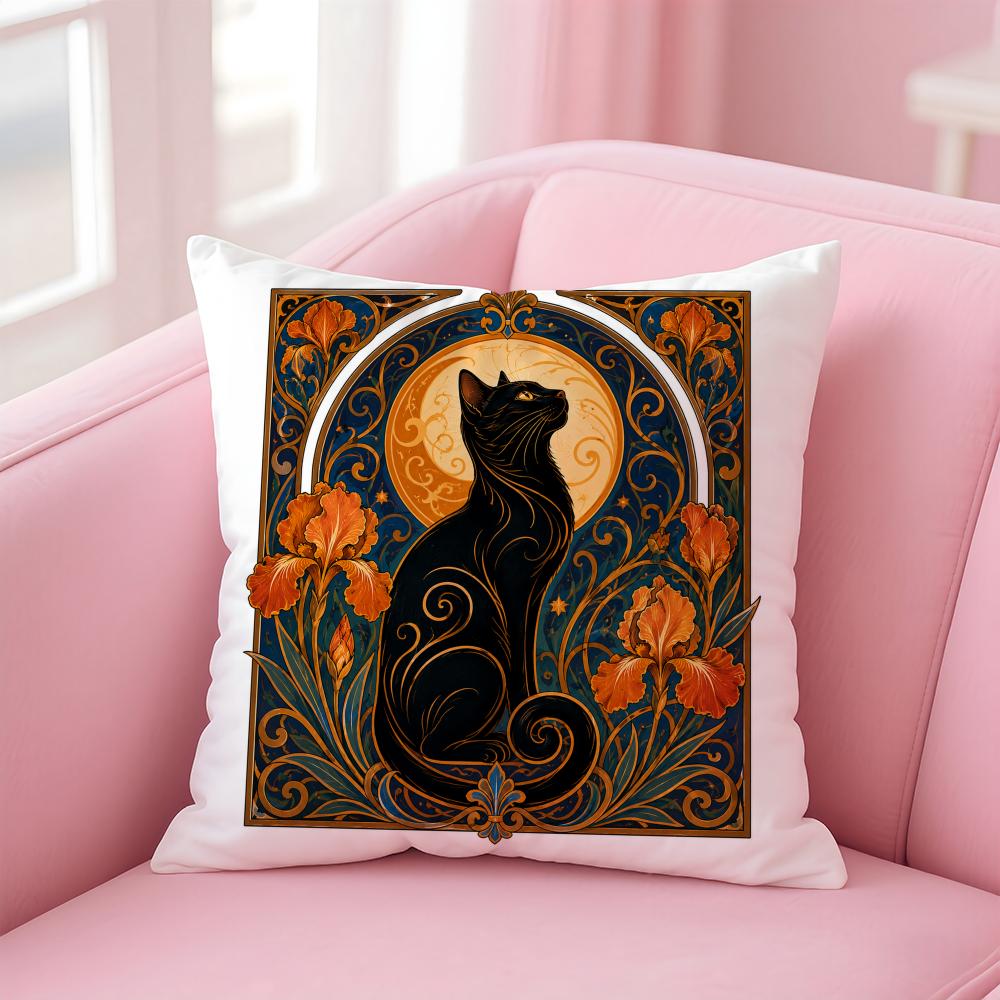 Cushion Cover Retro Art Noble Black Cat Short Plush Soft DoubleSided Printing Pillow Case Cozy Sofa Bedroom Home Decor Gift