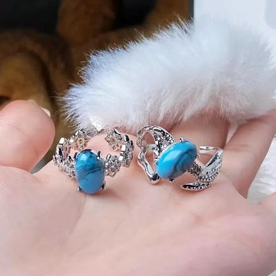 Celebrity Hong Kong Style High-End Egg-Type Turquoise Open Ring Light Luxury Niche Design Temperament Stacked With Personalized Rings