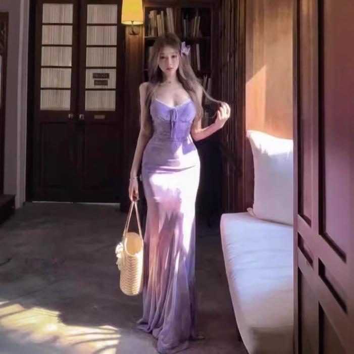 Lace Splicing Purple Suspender Dress Women's Summer Mesh Slim Fishtail Dress Pure Waist Hip Skirt