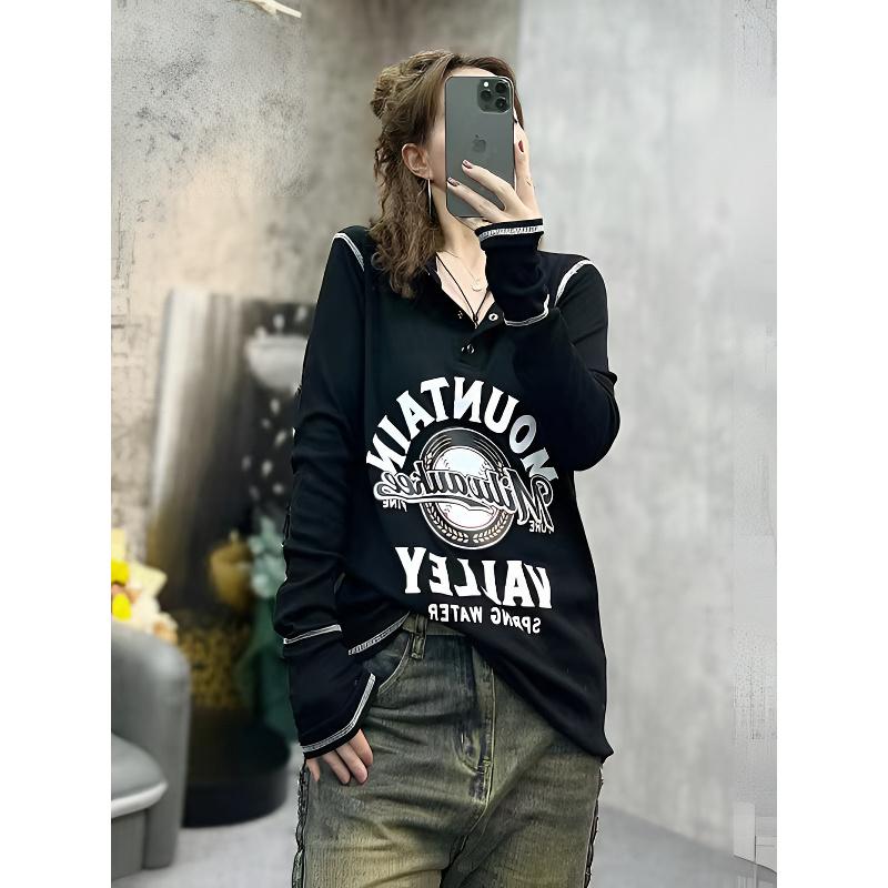

Thin long-sleeve base shirt for women with letter stitching, 2026 spring and autumn new fashion top M чёрный