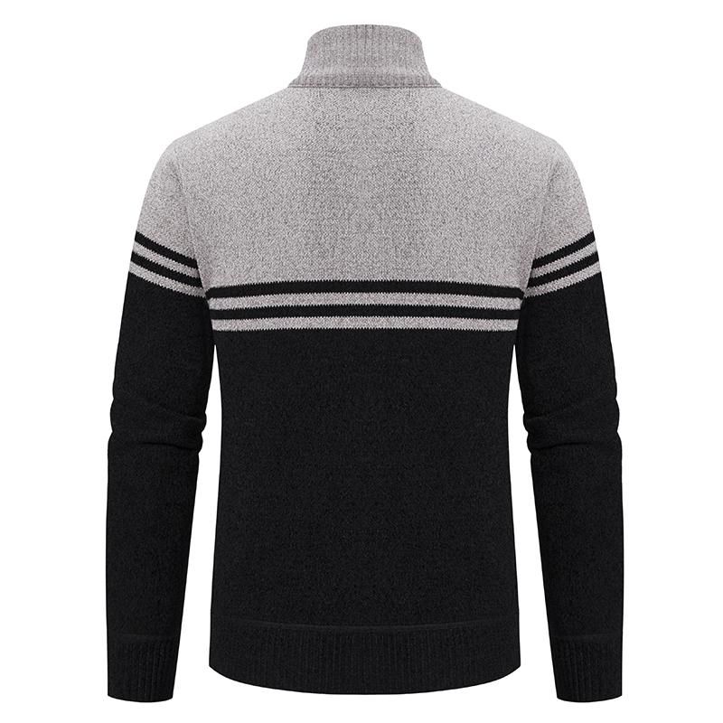 Men's Spring Winter Sweater Thick Fleece Warm Sweater Casual Stand Collar Zipper Cardigan Fashion Striped Coat