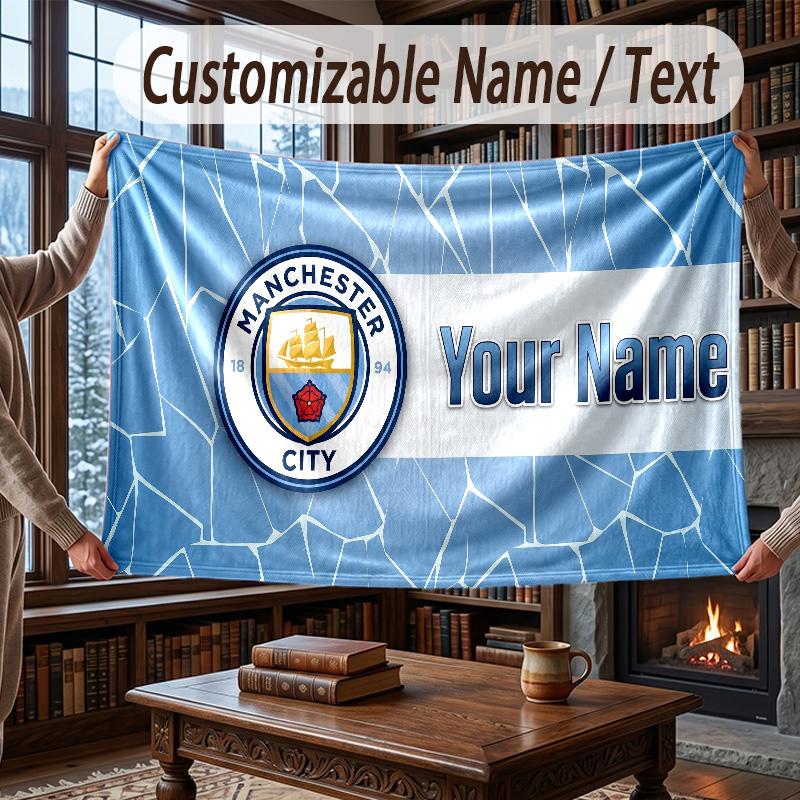 Custom Name Flannel Throw Blanket Manchester City Pattern Warm Home Decoration
