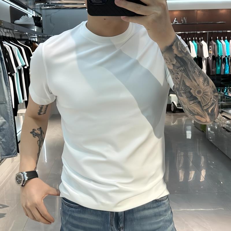 Men s High-End Slim Fit Solid Color Short Sleeve T-Shirt Medium белый