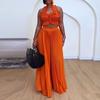 Fashionable Sexy Pleated Suit Women's Neck Ruffled Top With High-waisted Wide-leg Pants