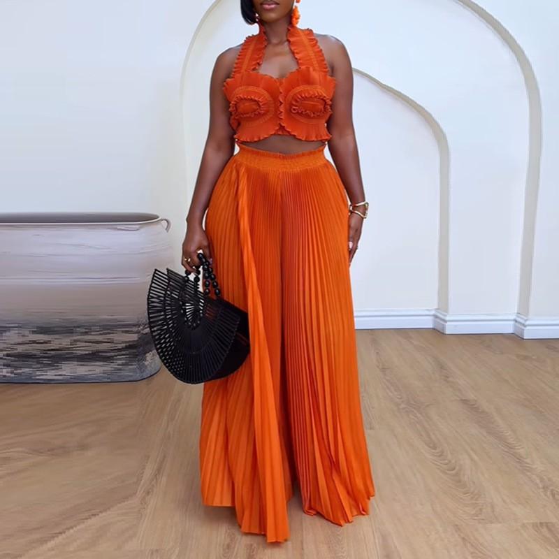 Fashionable Sexy Pleated Suit Women's Neck Ruffled Top With High-waisted Wide-leg Pants