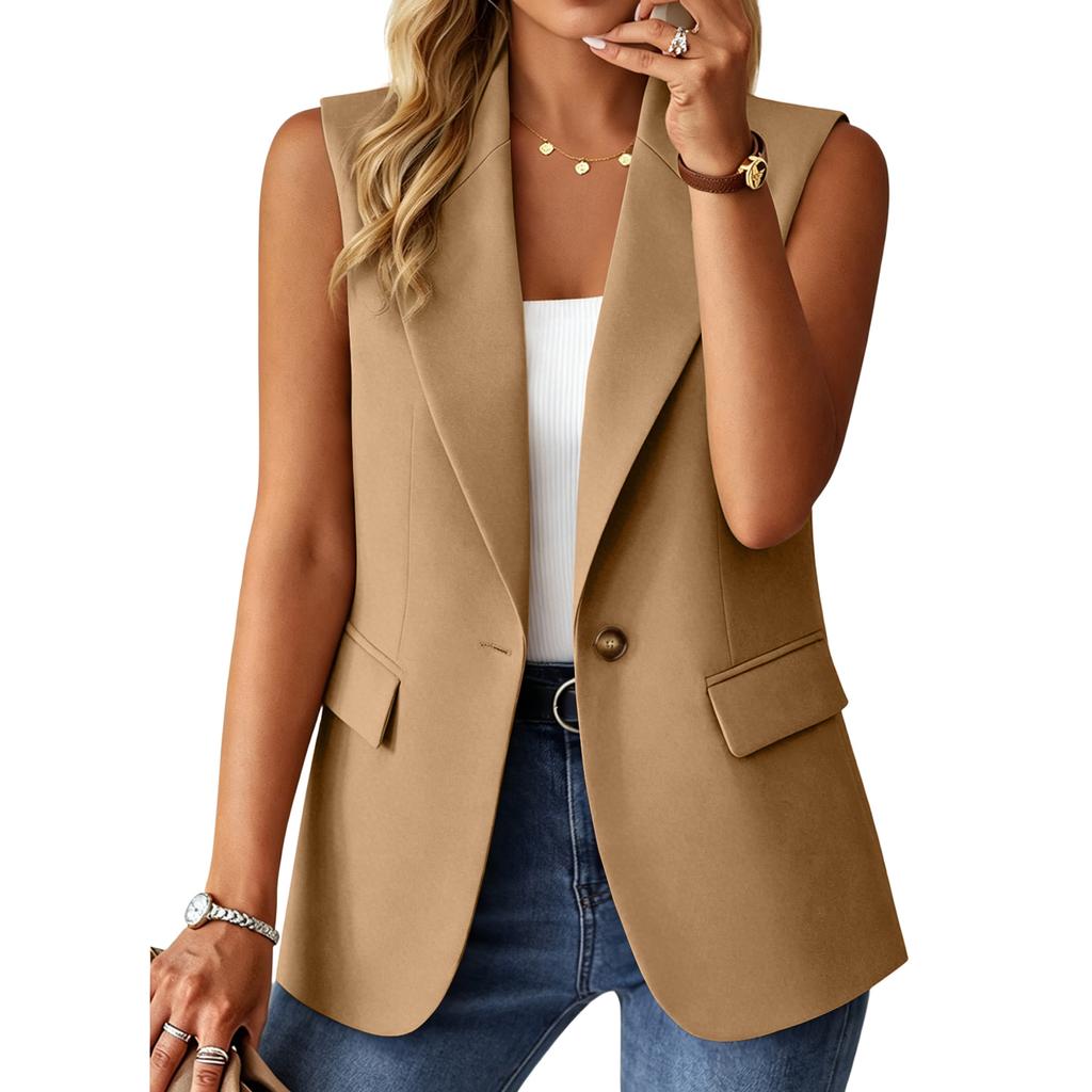 Γυναικείο Business Casual Αεριζόμενο Αμάνικο Γιλέκο-Μπλέιζερ Μονόχρωμο με Πιέτα και Ανοιχτό Μπροστινό Μέρος Κατάλληλο για Γραφείο και Καθημερινή Χρήση