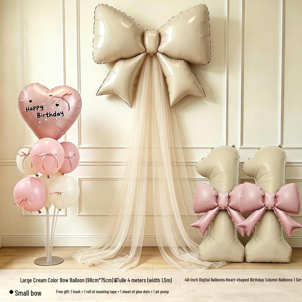 Girls' 5th & 6th Birthday Decor Set with Bow, Net Yarn, and Balloons for a Festive Photo Atmosphere