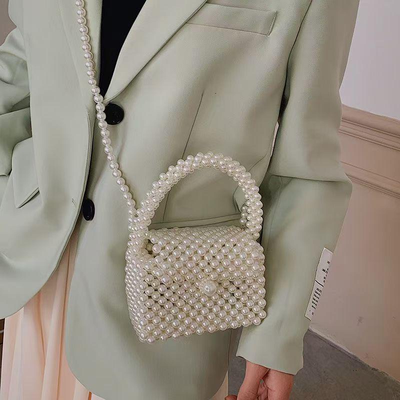 Perlenverzierte Single-Shoulder-Crossbody-Tasche: Schicke Mode Damenhandtasche mit Webdesign