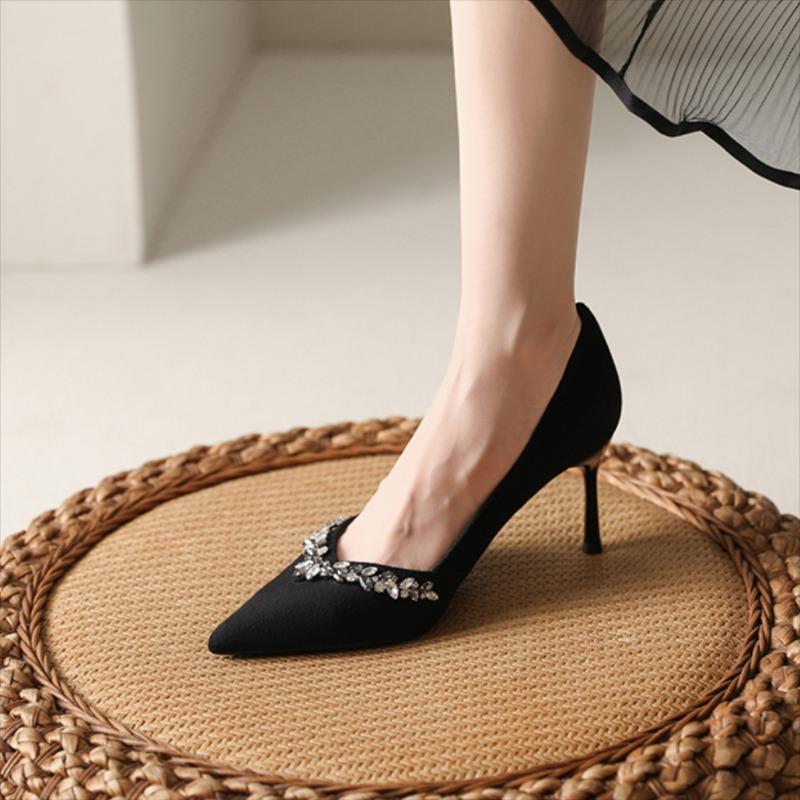 Women's Thin Heel Shoes Autumn New Pointed Head Shallow Mouth Crystal Anti-slip Wear-resistant Slip-on High Heels