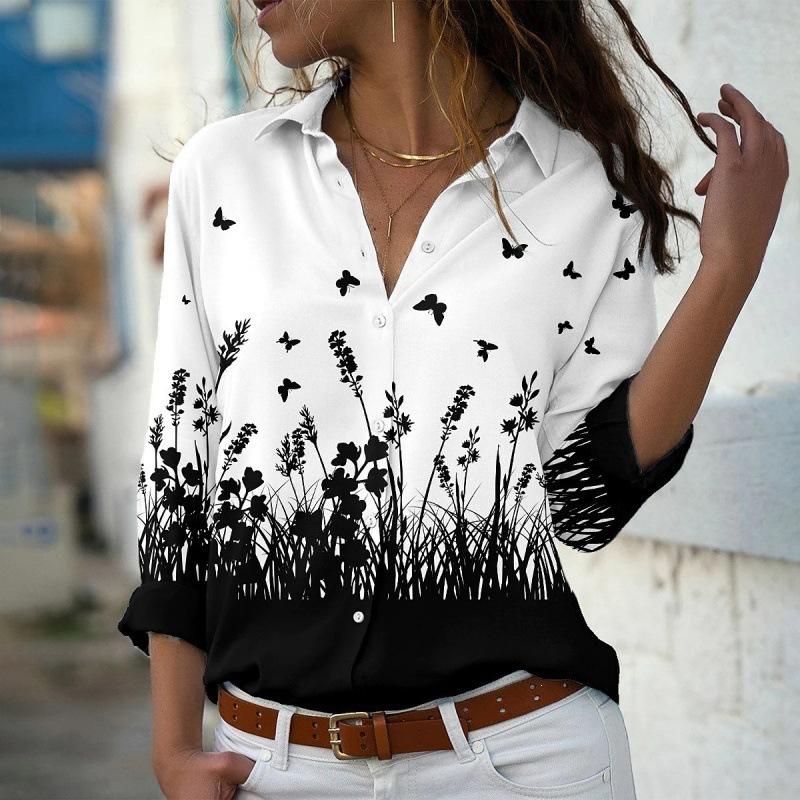 Women Long Sleeve Shirt 3d Flower Print Loose Fit Turn Down Collar