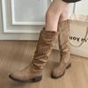 Autumn Winter Low Heel Women Western Cowboy Boots Fashion Soft Pleated Shoes Female Vintage Slip On Long Booties