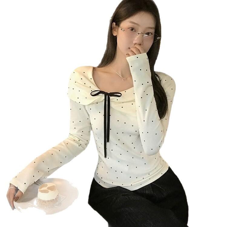Autumn and Winter Warm German Velvet Long-sleeved Top, Women's Korean Full-printed Polka Dot Bow, Sweet and Thin Bottoming Shirt