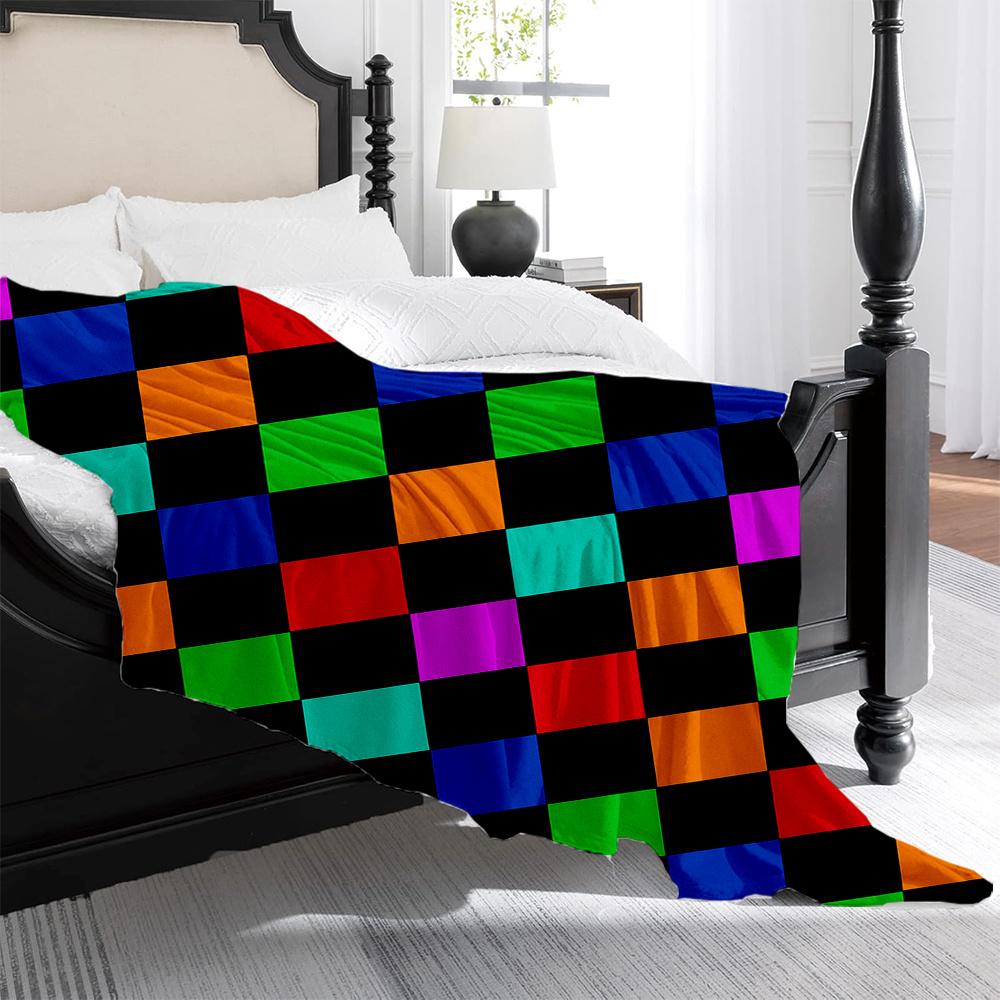 1pc Mondrian-Style Multicolor Geometric Block Print Plush Fleece Blanket - Soft Warm All-Season Bedspread with Iconic Black Whit