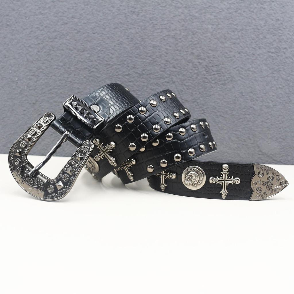 Crocodile Pattern Skull Rivet Western Leather Belt - Unisex Punk Y2K Style