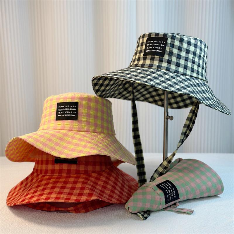Lace Up Plaid Fisherman Hat For Women In Summer, Japanese Retro Style, Large Brim Sun Shading And Sun Protection Hat