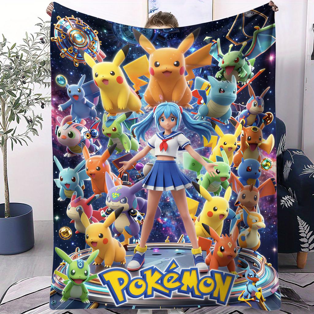 Pokemon Mega Gathering Cute Pikachu Print Fleece Throw Blanket for Adult Quality Cozy Soft Warm Blanket for Travel Office Home