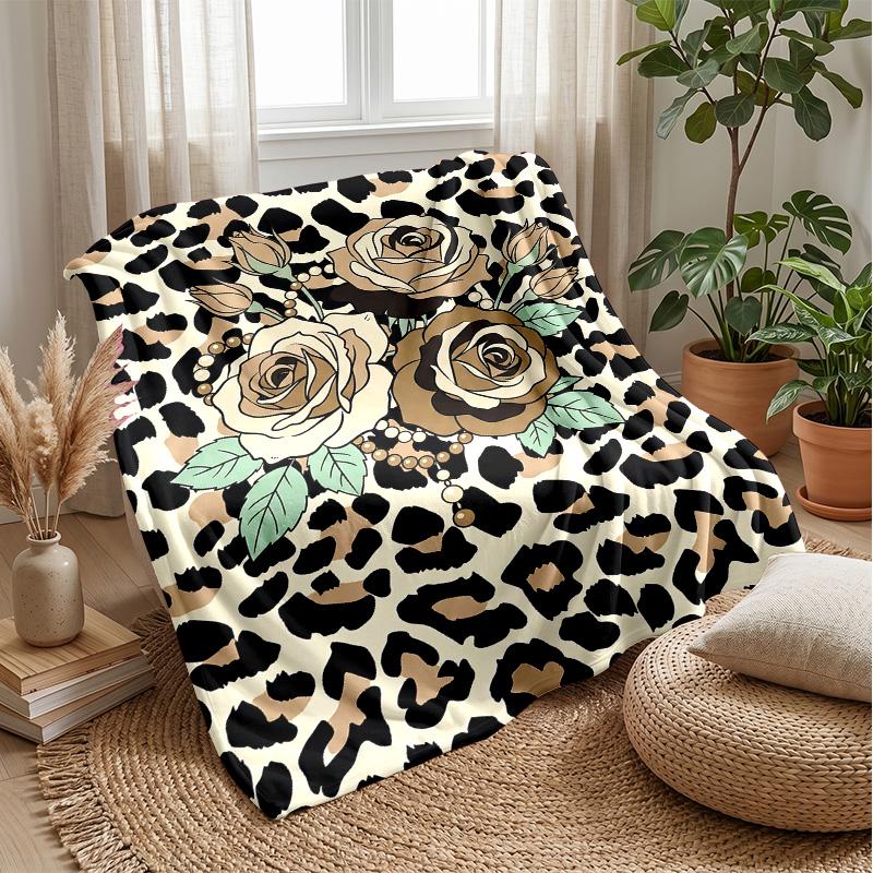 Leopard Roses Heart Theme blanket Lightweight Warm Flannel Blanket Decorative Throw Blanket for Home Decoration