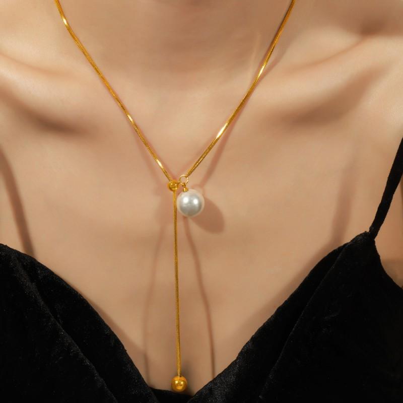 French Minimalist Style Pearl Pendant Necklace Titanium Steel Snake Chain Adjustable Women