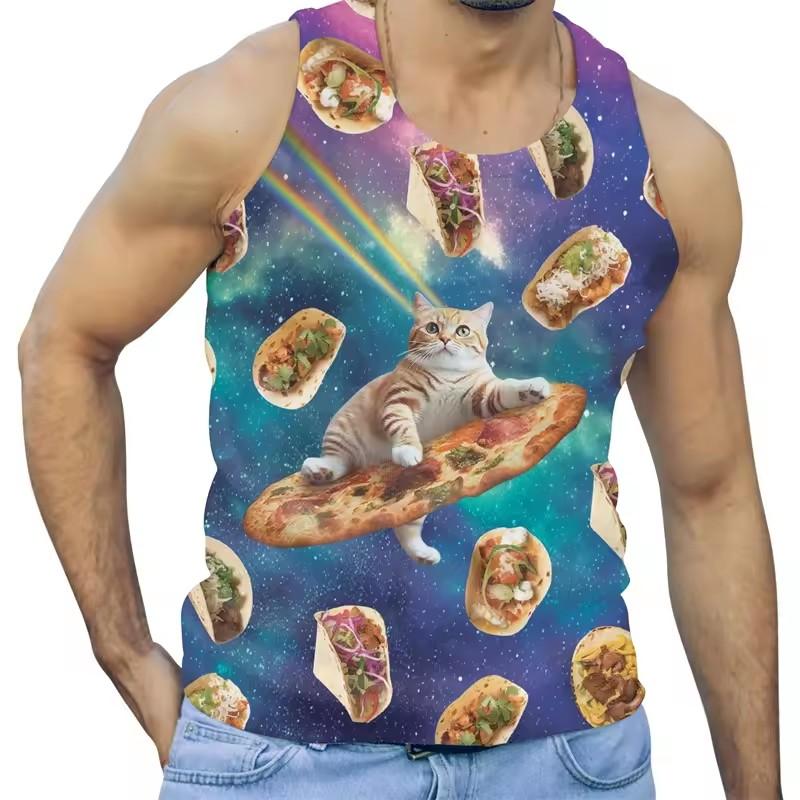 Funny Alien Cat 3D Print Tank Tops Men Clothing Cartoon Animal Letter Vest Cool Sleeveless Harajuku Streetwear Tops Tees