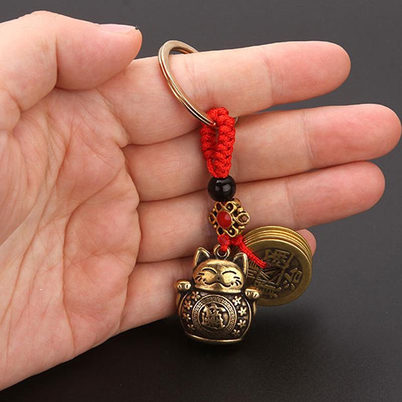 Lucky Cat Five Emperors Money Keychain Feng Shui Coins Solid Lucky Car Key Rings