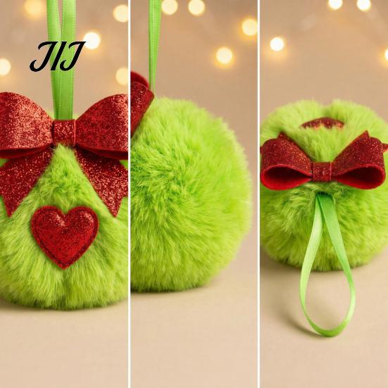 Faux Rabbit Fur Hanging Decor Pom Poms Christmas Ornaments, 2.3 Inch Soft Fluffy Green Ball Lightweight Party Favors Decoration with Glitter