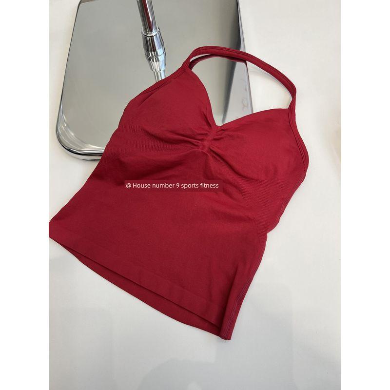 Df Thin-Strap Running Ruched Halter Fitness Bra with Chest Pads, Shaping, Shockproof, Beautiful Back Sports Yoga Tank Top for Women