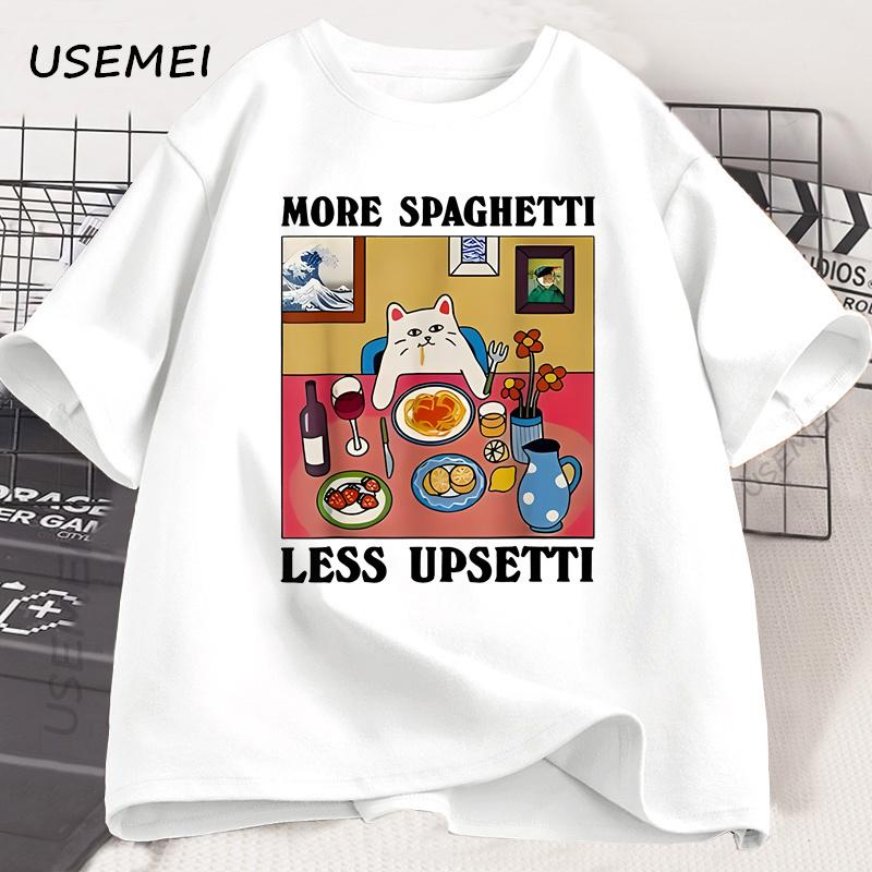 More Spaghetti Less Upsetti Funny Cat T-Shirt Men Women Printed T Shirt Harajuku O Neck Cotton Short Sleeve Tee Shirt Cat Lover