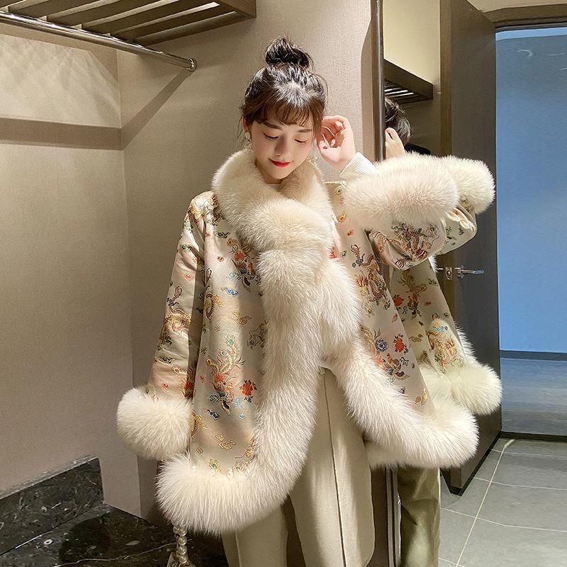 Women's Chinese-style Long Imitation Fox Fur Coat with Satin and Beaded Cape  Winter