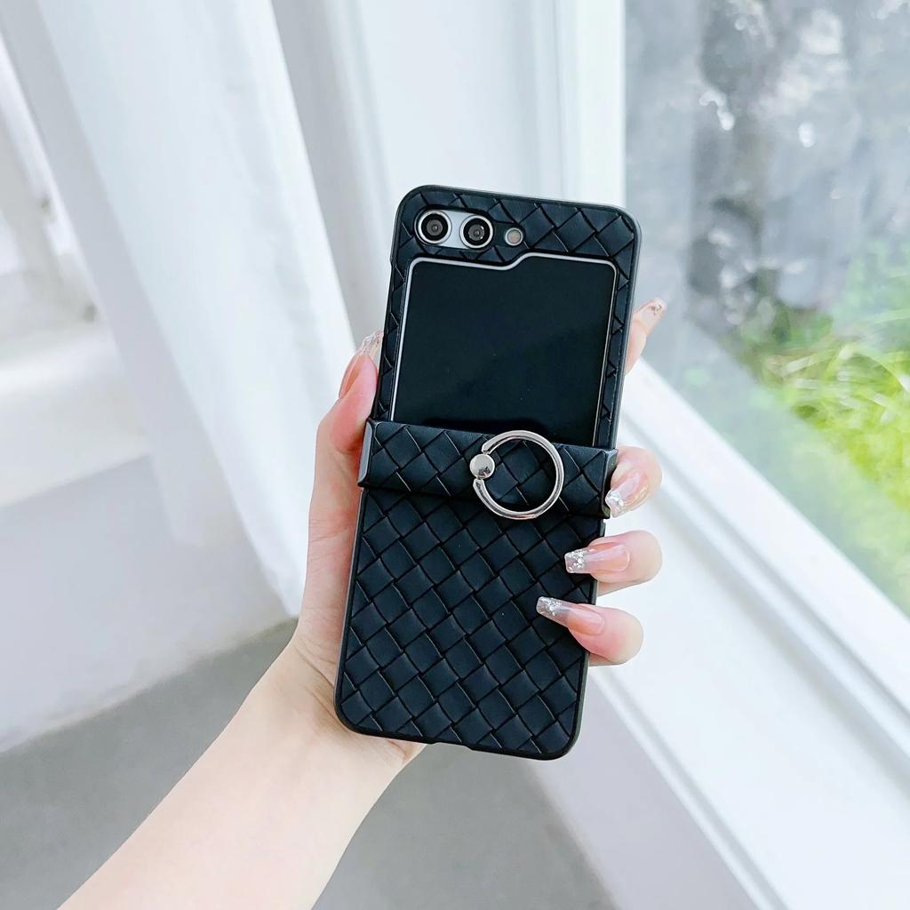 Ring Holder Woven Leather Fall Prevention Phone Case for Samsung Galaxy Z Flip 7 6 5 4 Flip6 Flip5 Flip4 Flip3 Shockproof Cover