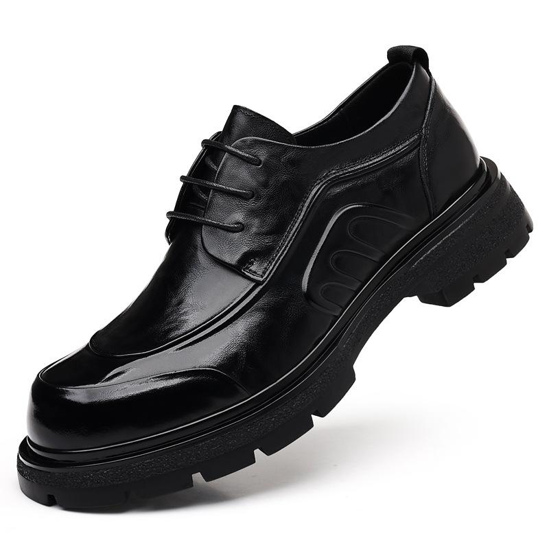 Top Layer Cowhide New Men's Formal Business Leather Shoes High-end Light Luxury Big Head Thick Soled Men's Shoes Trendy Lace Up Single Shoes