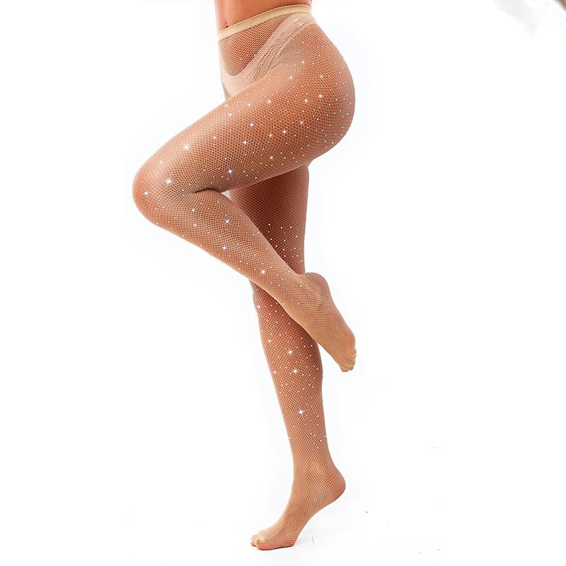 Women Rhinestone Party Pantyhose Sexy Sparkly Fishnets Stockings Jeweled High Waist Fishnet Tights Hollow Out Panties And Socks