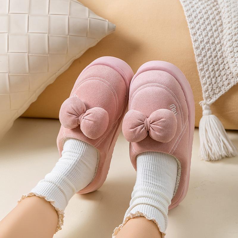 Autumn and winter cotton drag bow cartoon shoes indoor home thick-soled velvet warm and comfortable couple slippers