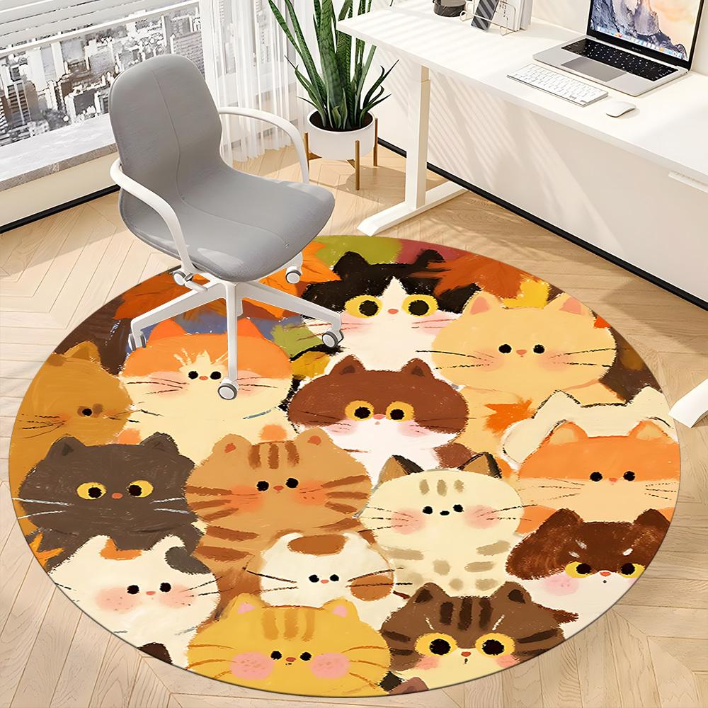 1pc Cat Autumn Office Round Area Rug, Indoor Mat Suitable ForOffice, Under Office Chairs Bedroom Living Room Home Decor, Room Deco N79
