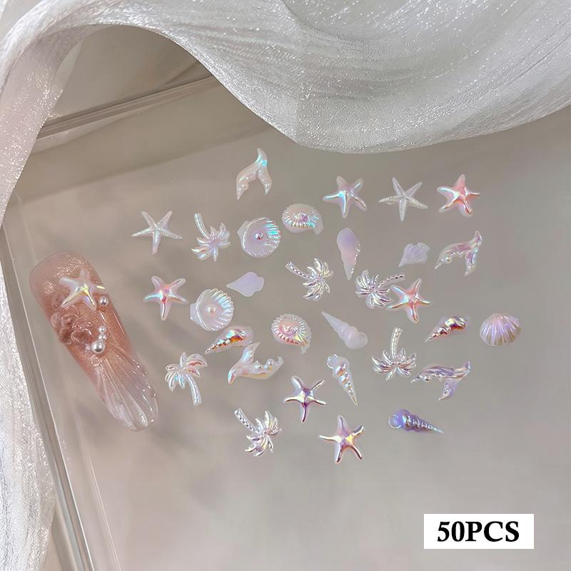 50Pcs Ocean Nail Art Charms Aurora Shell Starfish Mermaid Tail Nail Art Decors Gem Beach  Ice Clear Nail Decorations
