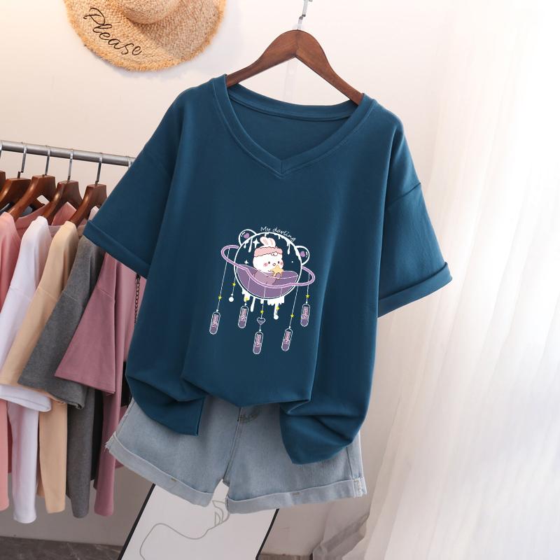 Short-sleeved T-shirt, Loose-fitting, Slimming Printed V-neck Top for Women