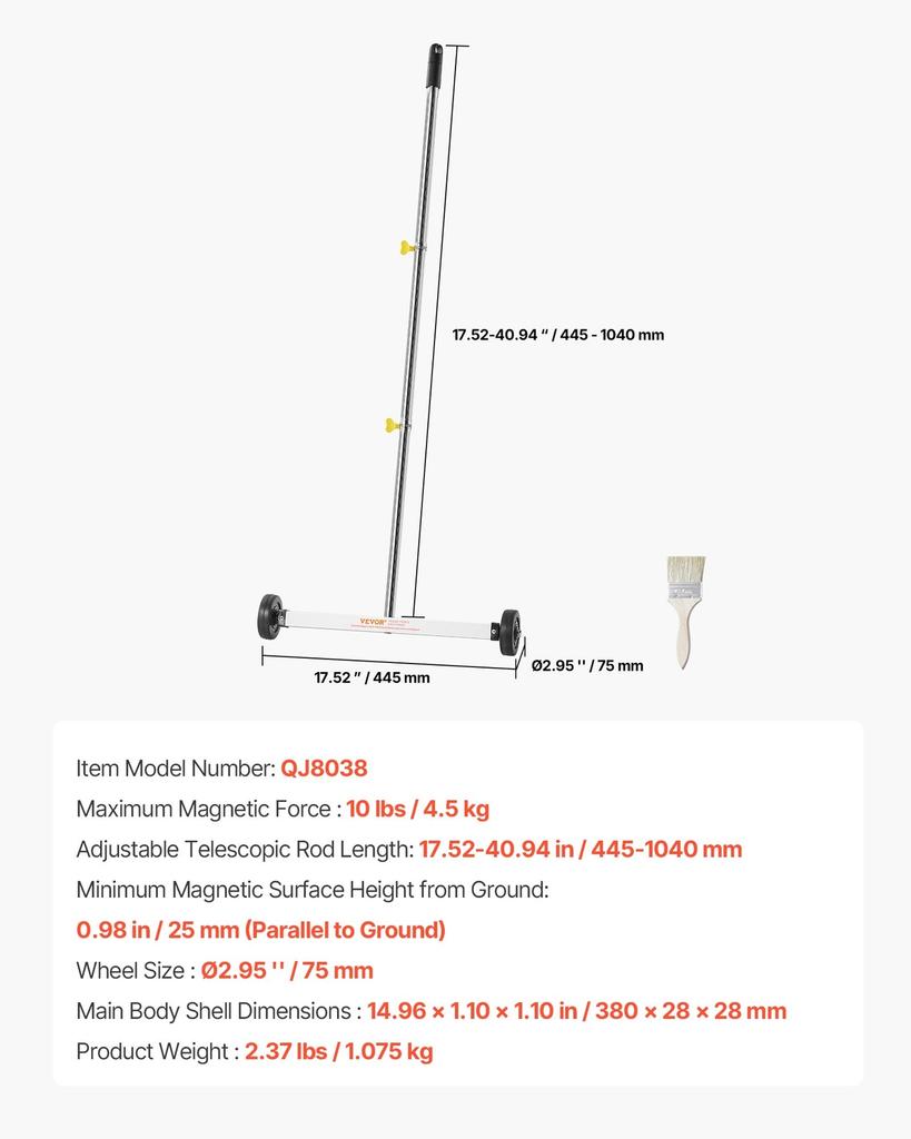 Magnetic Sweeper with Wheels, 43 cm, 4.5 kg Load Capacity, Lightweight Magnetic Pickup Sweeper with Adjustable Handle, Pick Up Nails and Screws, Easy