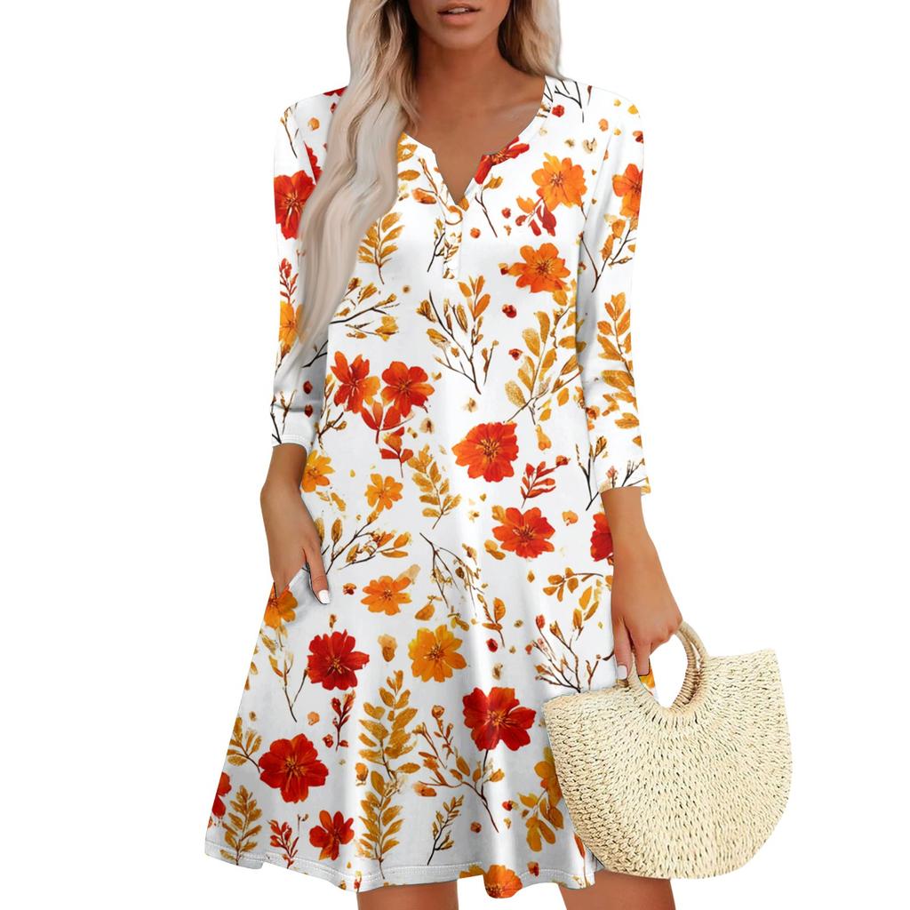 Damen Modisches V-Ausschnitt Knopf Sieben-Achtel-Ärmel Manschette Tasche Blumenkleid