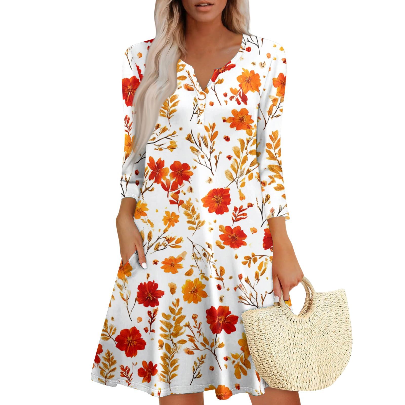

Женское модное платье с V-образным вырезом, пуговицами, рукавами длиной семь восьмых, карманом и цветочным принтом L оранжевый