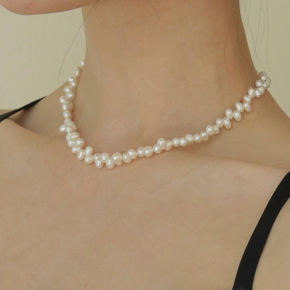 [ Modernlike ] 14K Gf Silver Rice Grain Ugly Freshwater Pearl Silver Necklace Self-Wedding