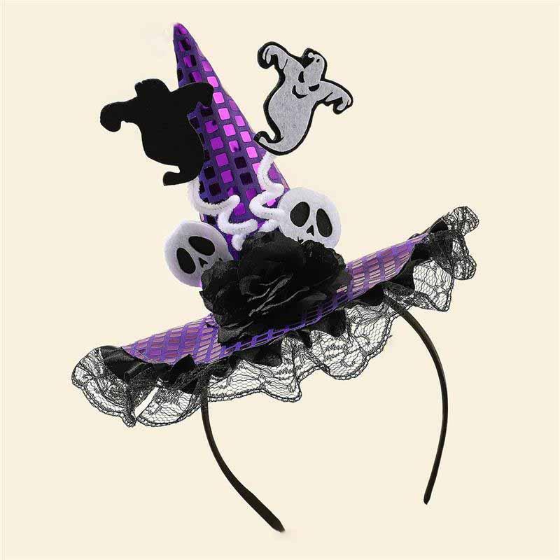 Halloween Witch Hat Headband Lace Trim Ghost Skull Rose Spider Web Hair Accessory For Halloween Party Cosplay Women Girls