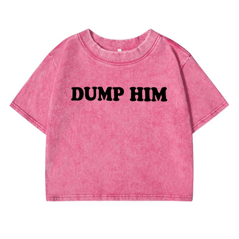 Dump Himprint Women Washed Short Tshirts Summer T-Shirt Breathable O-Neck Distress Midriff-Baring Tee Shirts