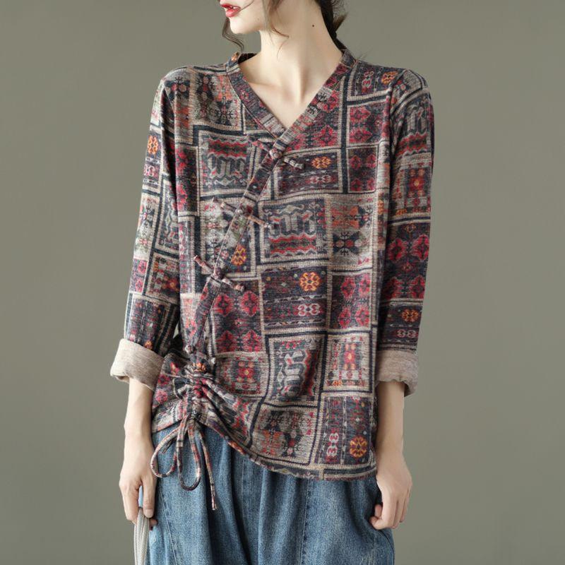 Stylish Shirring Drawstring Blouse Spring Autumn Folk Printed Chinese Disc Buckle Female Clothing Loose Casual V-Neck Shirt