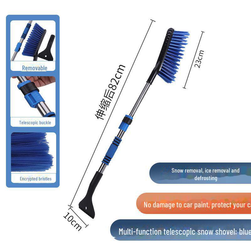 Multi-functional snow removal tool: long-handle snow shovel, scraper, and brush for winter. Efficiently defrosts without damaging car.