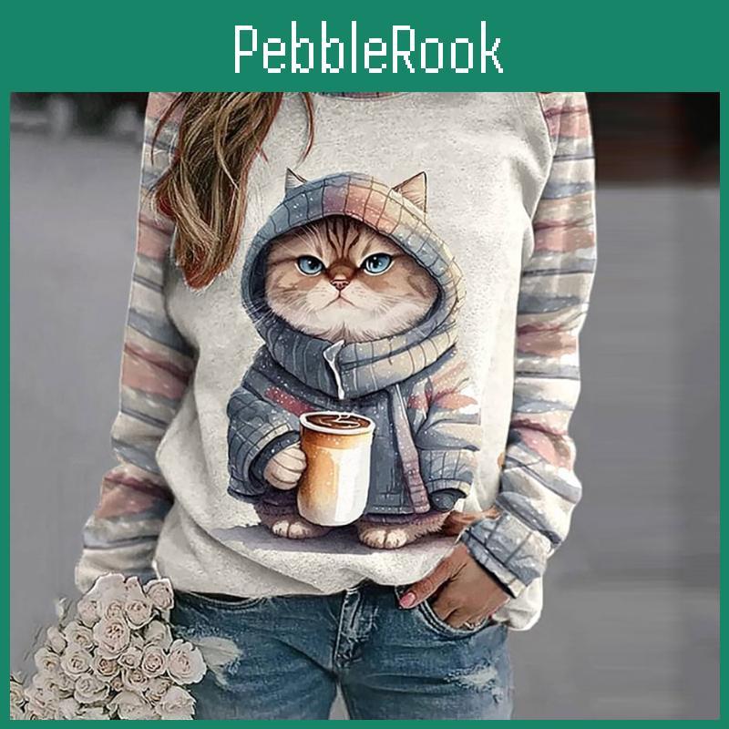 T-Shirts Lang Kawaii Ärmel Cartoon Damen Lustig Niedliche Katze Tiere Druck Oberteile Damen Koreanische Mode Schick Rundhals Pullover 2024 Neu