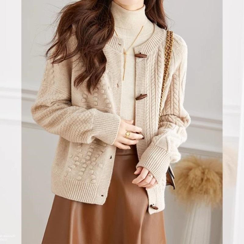Corner buckle autumn and winter knitted cardigan retro commuter long-sleeved top loose and simple crew neck twist sweater jacket women