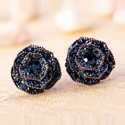 Boucles d'oreilles vintage de luxe en strass bleu, fleur rose, pour femmes, camélia rouge, clous d'oreilles, bijoux chics