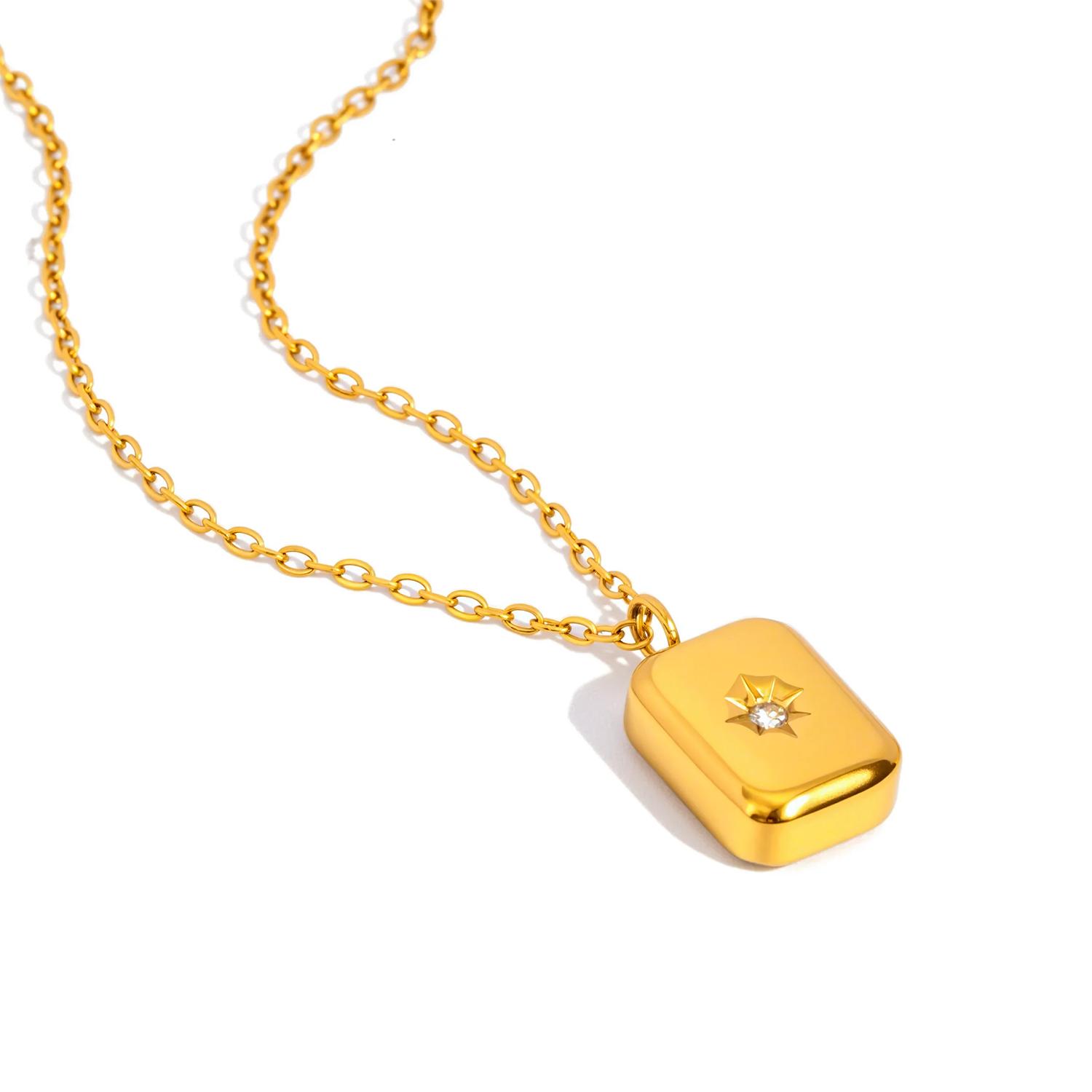 

Изысканное колье с подвеской в форме бриллианта и квадрата для женщин | Гипоаллергенная полированная нержавеющая сталь с покрытием из 18-каратного золота жёлтый